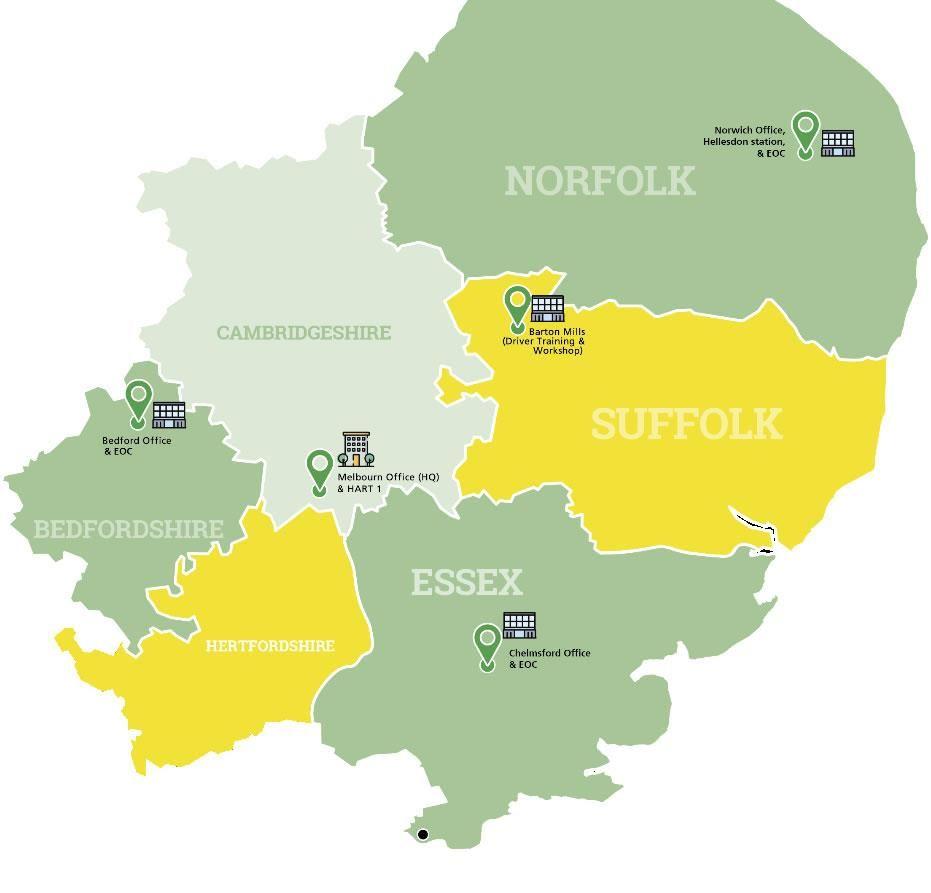 Map of the east of England showing where our stations are located